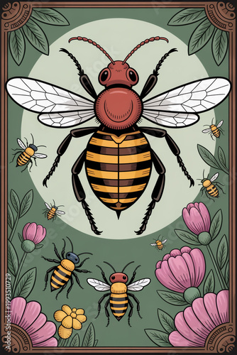 Vibrant illustration of a large bee surrounded by smaller bees and flowers