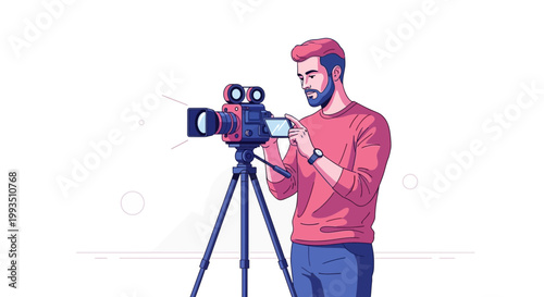 Filmmaker Operating Vintage Camera on Tripod, Professional Videography Concept