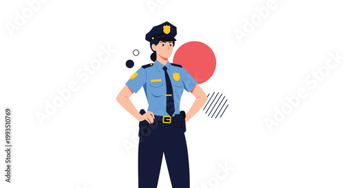 Confident female police officer in a blue uniform standing with hands on her hips in a heroic and professional pose.