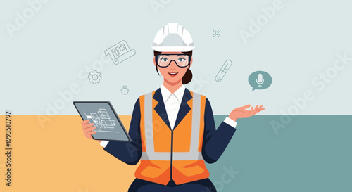 Female engineer with tablet, hard hat, safety vest, blueprints, and microphone icon