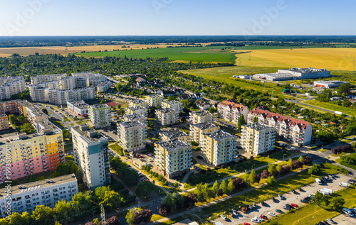 Aerial panoramic view of residential district along Walczaka street in north-eastern part of Gorzow Wielkopolski city in Poland