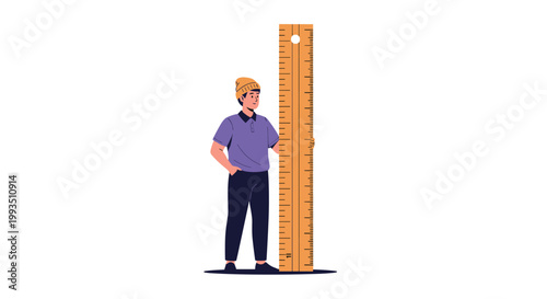 Small man standing next to a giant wooden ruler depicting measurements, scale, growth, and standards in a conceptual illustration.
