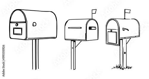 Mailbox set with bold black line art on white background featuring mailbox, postal icon, envelope with delivery symbol with shipping and communication