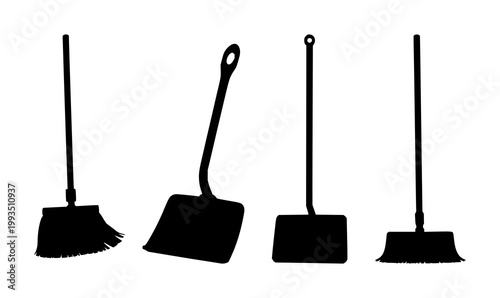 Broom and dustpan set with black silhouette against white background featuring sweeping tools, cleaning implements, household accessories with line art and minimalist