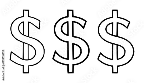 Dollar sign set with black line art on white background featuring currency, money, finance with icon and symbol and abbreviation monetary