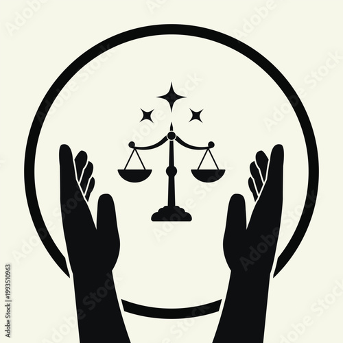 Minimalist vector illustration of two hands raised in a supportive gesture beneath a central justice scale symbol, enclosed within a circular frame