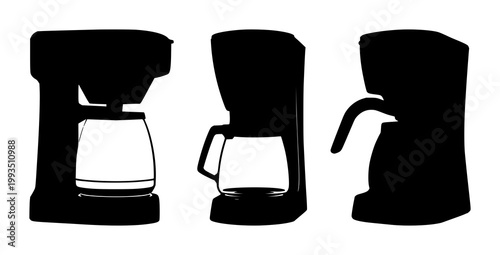 Coffee maker set with black silhouette on white background featuring coffee maker, silhouette, coffee icon, black and white illustration with beverage and steaming cup