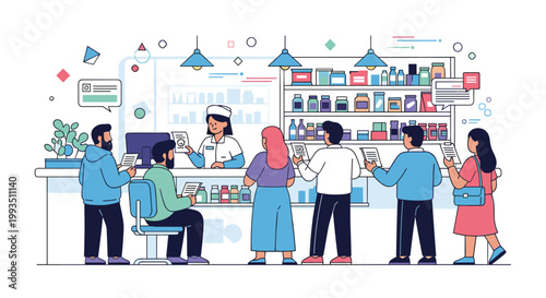 Busy pharmacy interior showing a pharmacist serving several customers waiting in line for medications and health products.