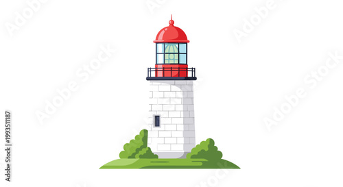Classic white brick lighthouse with a red top and lantern room standing on a green grassy hill against a white background.