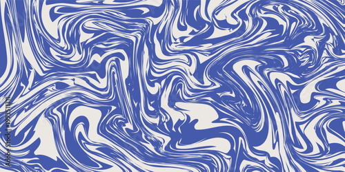 Blue wavy lines abstract background. Trendy psychedelic retro style backdrop. Waves, swirl and twirl pattern. Twisted distorted vector texture.