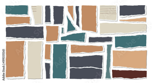 Assortment of colorful torn paper scraps with rough edges and different textures for creative collage and design projects.