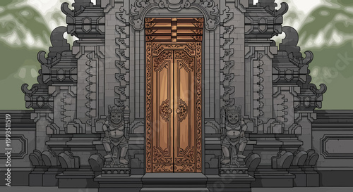 Intricately carved wooden doors of a traditional Balinese temple entrance