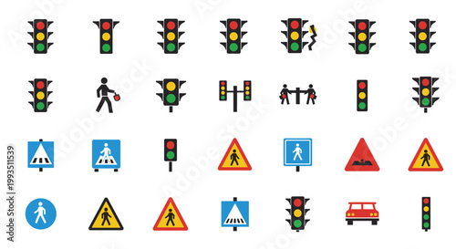 Extensive collection of traffic lights and pedestrian crossing road signs for urban safety education, transportation rules, and infrastructure projects.