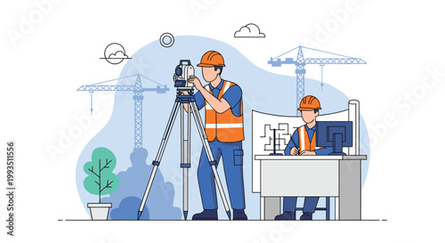 Construction surveyors using a total station theodolite and computer to measure land for a building project with industrial cranes in the background.