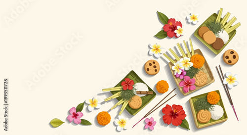 Balinese Canang Sari offerings with vibrant flowers and traditional elements