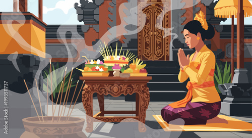 Balinese woman in traditional attire praying with offerings