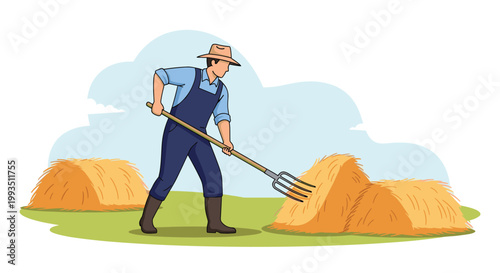 Hardworking farmer using a metal pitchfork to move large hay stacks in a field under a clear blue sky during the autumn harvest season on a farm.