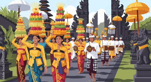 Balinese women in traditional attire carrying offerings during a religious ceremony