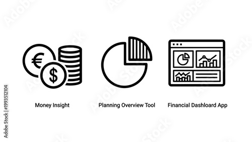 Money insight financial overview tool financial dashboard app icons with pie chart money icon business icon data analysis financial report investment analysis economy icon currency icon