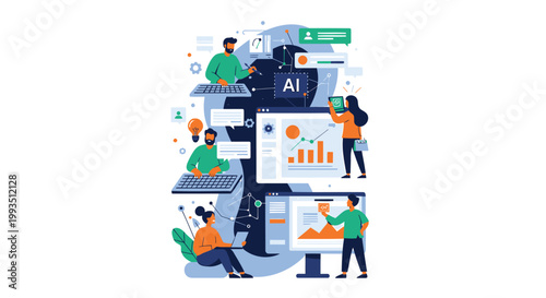 Business people, data analysis, AI technology, infographic elements, vector icons
