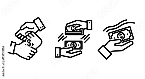 Handshake money transfer hand with cash icons handshake agreement contract partnership business transfer transaction exchange currency financial commerce investment spending economic
