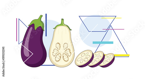 Purple eggplants shown whole, halved, and in slices against an abstract geometric background with triangles, circles, and colorful lines.