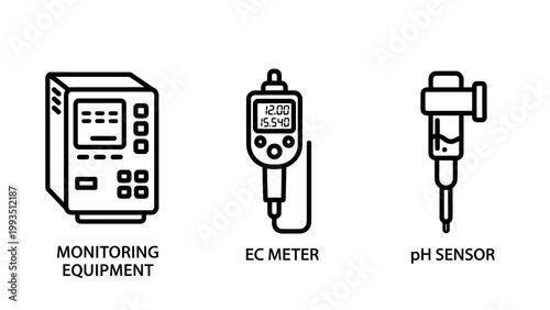 Monitoring equipment ec meter p h sensor icons with ec meter ph sensor flat design ec meter p h sensor equipment conductivity measurement scientific laboratory analysis instrument industry