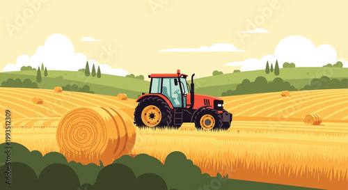 Red farm tractor working in a vast golden wheat field with large round hay bales under a clear sunny sky with soft white clouds at harvest.