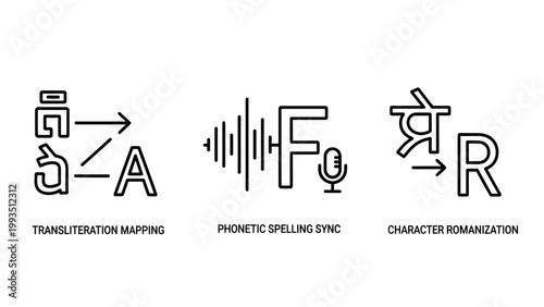 Icons for translation phonetic spelling character recognition with translation language linguistics communication illustration technology recognition alphabet dictionary learning education