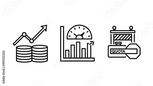 Financial analysis icons: stacked coins growing graph quota limit with business investment analysis statistics currency performance progress management strategy planning financial pictogram