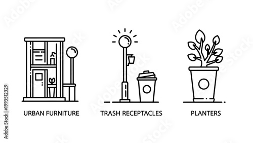 Icons for urban furniture trash receptacles planters with street light planters furniture disposal container greenery illustration architecture landscape environment collection cleanliness