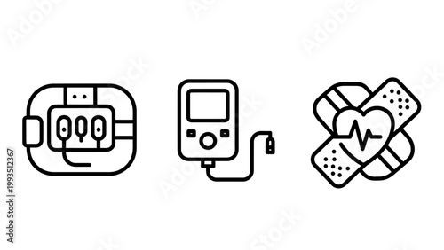 Medical device icons: infusion pump glucose meter heart monitor with bandages line art blood sugar monitoring treatment illustration infusion bandages technology graphics diabetes