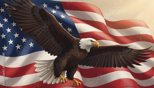 Majestic Bald Eagle Wings Open Against American Flag