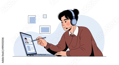 Young person with headset and pen using laptop for online learning or remote work