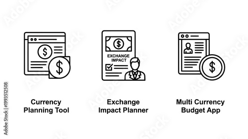 Business financial management icons set featuring currency planning tool exchange impact planner multi-currency budget application for international trade and personal finance tracking business