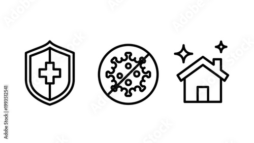 Medical protection and healthy home icon set with protection sanitary cleaning prevention healthcare immunization wellness residence lifestyle pathogen prohibited graphics minimalist