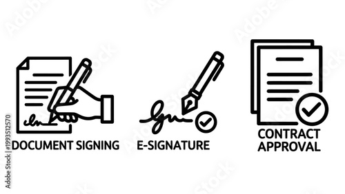 Legal document signing and contract approval icon set with contract document approval signature business agreement paperwork transaction confirmed official authorized corporate graphics