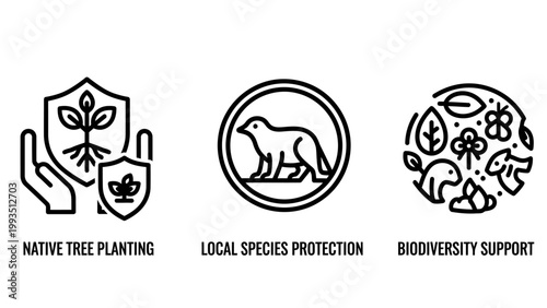 Set of environmental conservation icons representing native tree planting local species protection biodiversity support for sustainable ecology environment conservation biodiversity planting