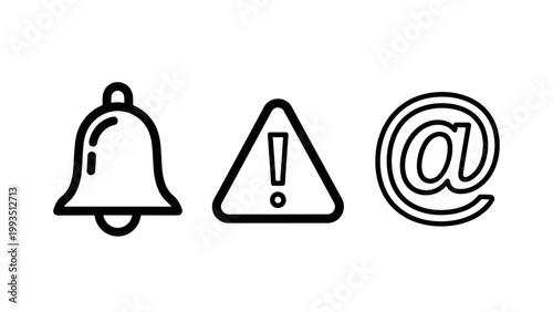 User interface notification and alert icon set containing an alarm bell warning triangle sign electronic mail at symbol notification triangle internet interface attention communication