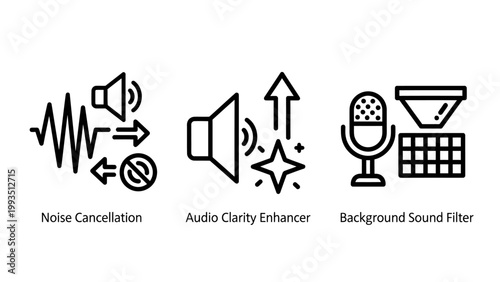 Professional audio processing icon set illustrating noise cancellation audio clarity enhancer background noise filter for sound engineering cancellation enhancer microphone waveform