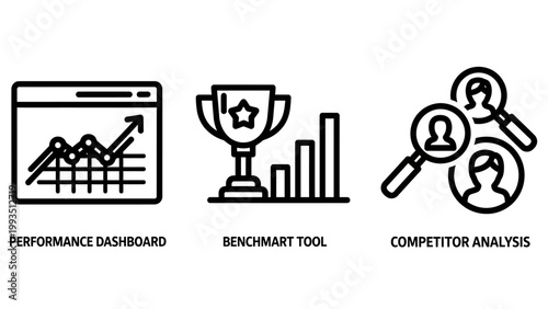 Business analytics and performance monitoring icon set featuring dashboard benchmark tool competitor analysis analytics performance dashboard benchmark competitor analysis business marketing