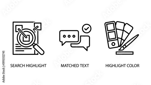 Design and development icons featuring searching light matched text and highlight color tools development interface software analysis highlight typography matching magnifying creative