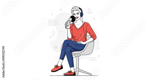 Woman with headphones and microphone, podcasting or recording audio, sitting on a chair