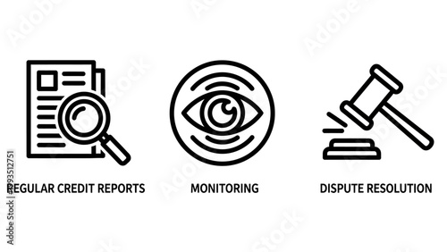 Financial and legal monitoring icons representing credit reports account monitoring dispute resolution via legal gavel monitoring resolution document surveillance security identity