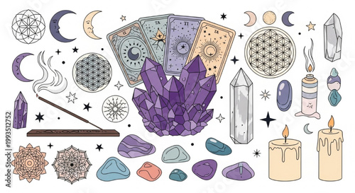 Spiritual Crystal Vector Set with Healing Stones, Tarot Cards and Sacred Geometry in Mystical Boho Illustration Bundle