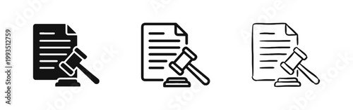 Legal Gavel and Document Icon Set in Solid, Outline and Hand Drawn Styles