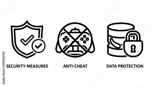 Data security and protection icons set showing security measures anti-cheat and data storage safety with security protection database information encryption firewall cybersecurity monitoring