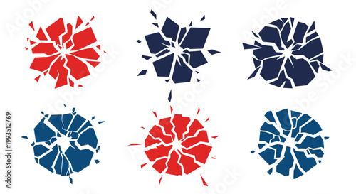 Set of red and dark blue cracked glass or stone effects with sharp fragments flying outward from a central point of high impact or collision.