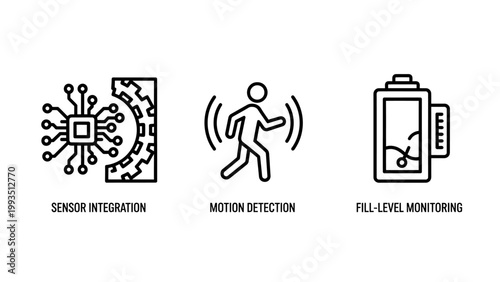 Advanced technology icons representing sensor integration motion detection and fill level monitoring with technology detection monitoring electronics integration hardware automation microchip