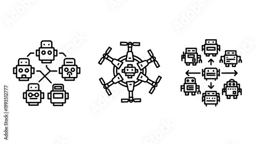 Artificial intelligence and robotic automation icons showing robot swarm connectivity drone technology automated workflow with robotics automation connectivity intelligence artificial mechanical